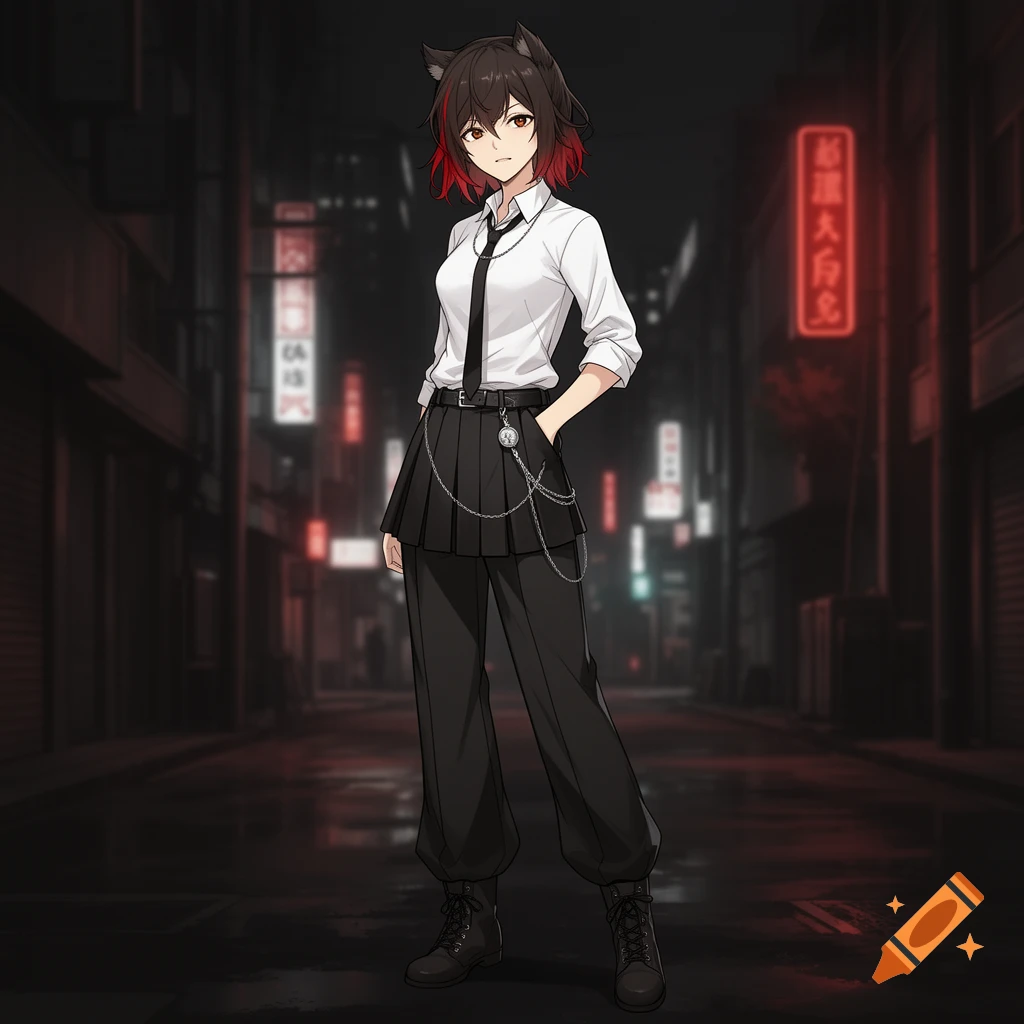 An anime-style female character with short dark hair and red streaks, wearing a white shirt, black tie, pleated skirt, and wide-leg pants, stands confidently in a moody urban night scene with red neon signs.