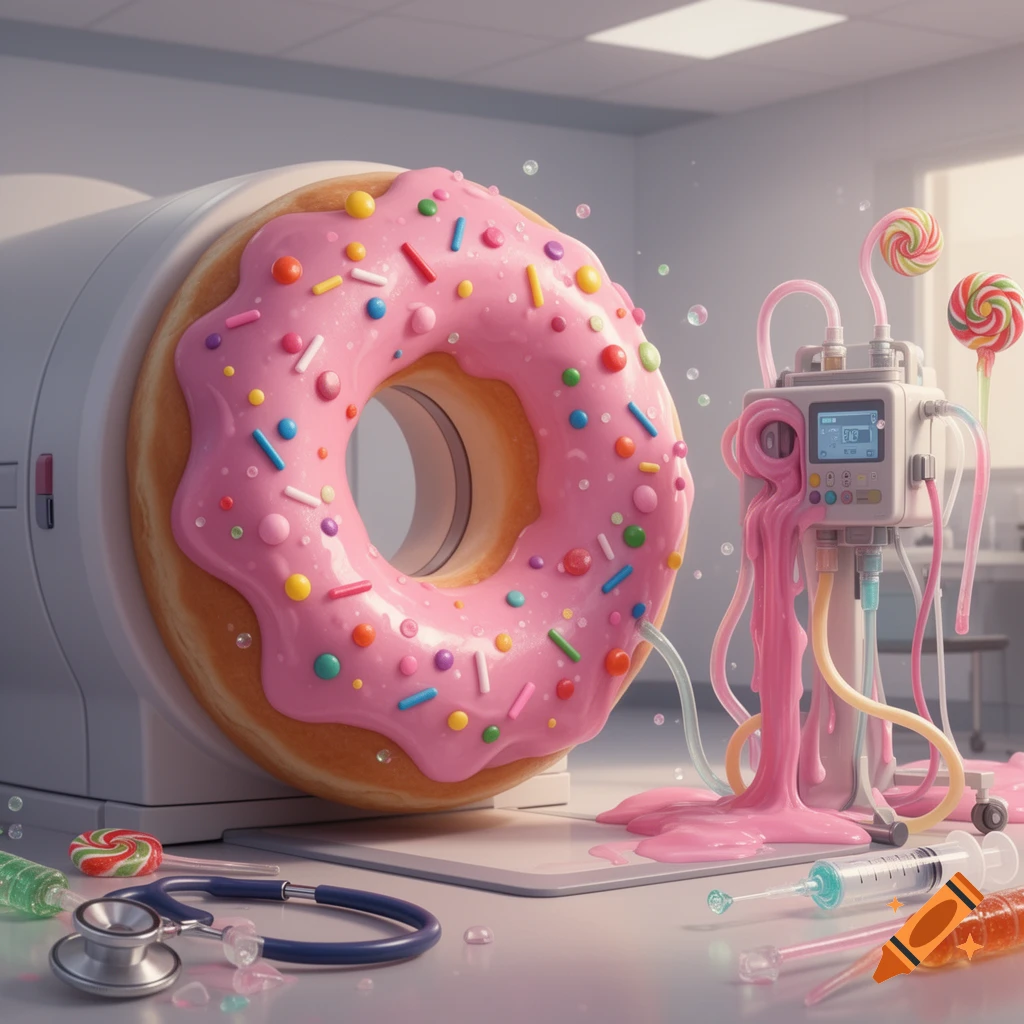 A surreal image of a giant donut-shaped CT machine with pink frosting and sprinkles, connected to a candy-themed IV drip with medical supplies.
