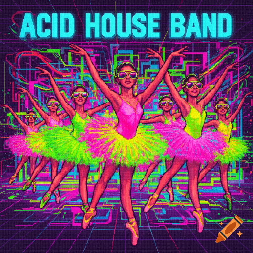 Pixel art album cover featuring neon ballerinas in sunglasses dancing against a circuit board background. Text: ACID HOUSE BAND.