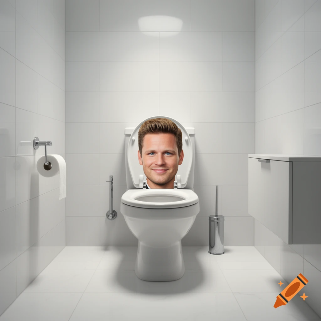 A man's smiling head emerges from inside a toilet in a clean, white-tiled bathroom.