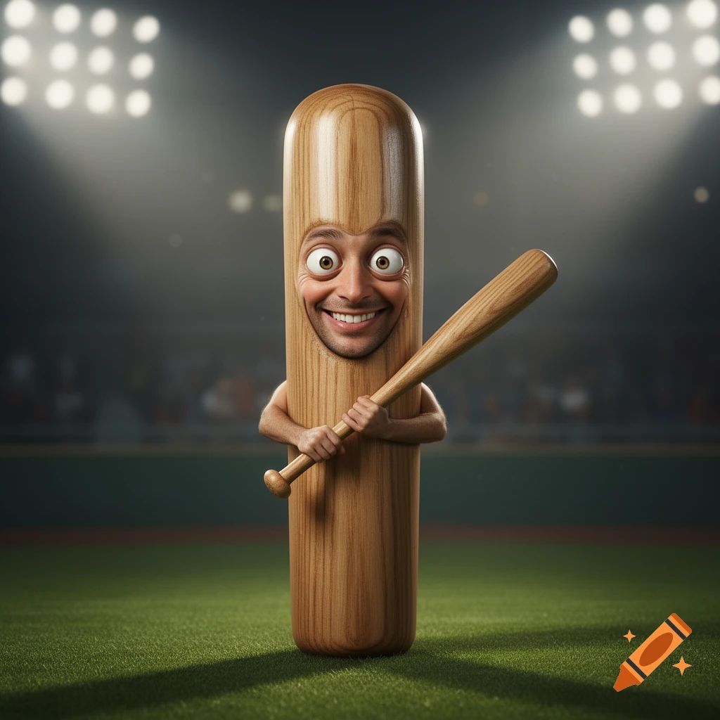 A cartoonish baseball bat figure with a man's smiling face and bulging eyes holds a baseball bat on a field.