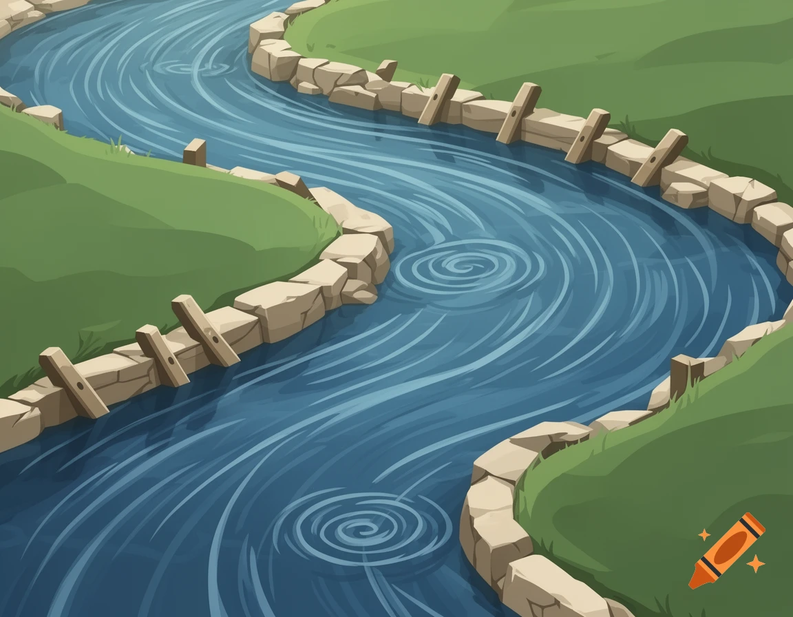 Stylized illustration of a winding river with blue water, green grassy banks, and stone walls with wooden supports and currents.