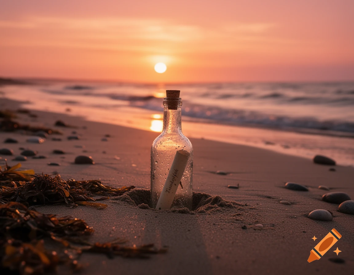 A glass bottle with a cork and a rolled message stands in the sand on a beach at sunset, with waves in the background.
