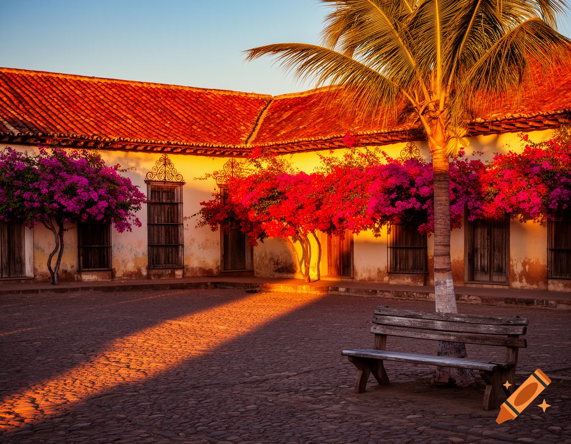 Sunlit colonial courtyard with white buildings, red roofs, vibrant bougainvillea, a palm tree, and a wooden bench on cobblestones.
