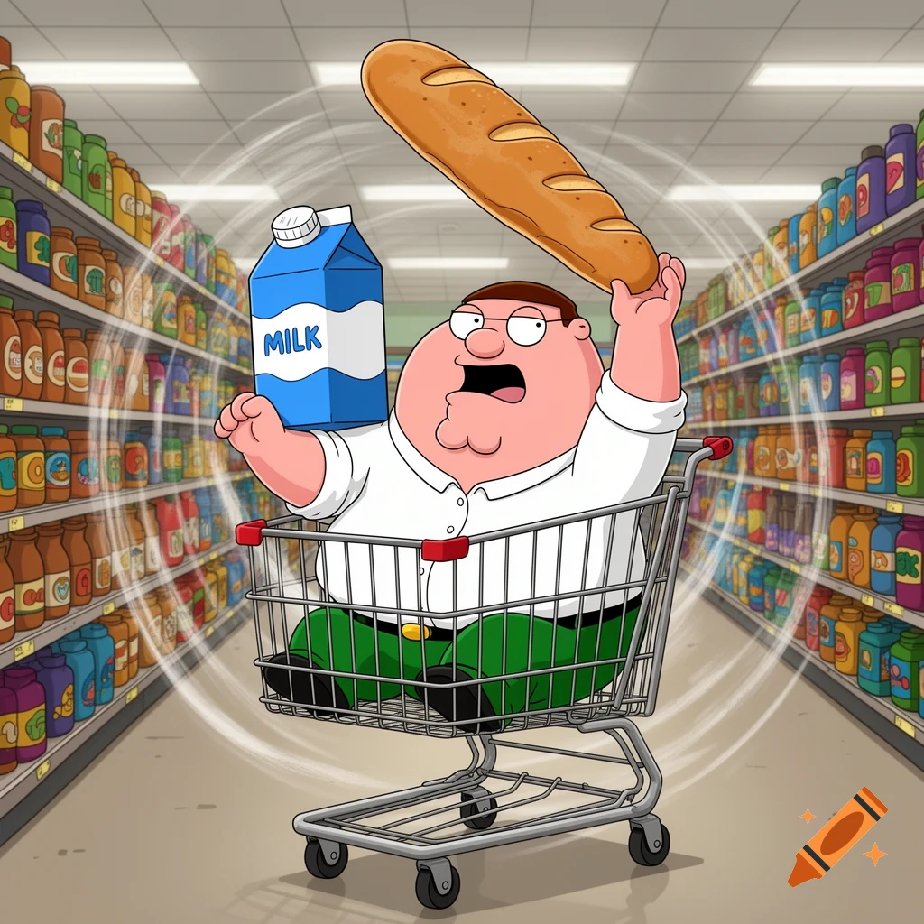 Cartoon Peter Griffin in a tiny shopping cart holding milk and a baguette, speeding through a grocery store aisle.