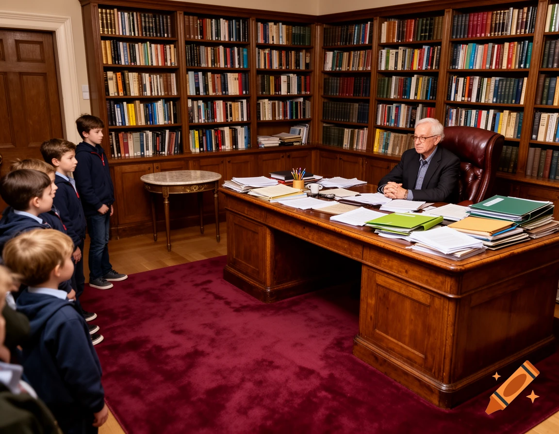 An older man sits at a large wooden desk in a library, facing several young boys standing opposite him. The room features tall bookshelves and a maroon rug.