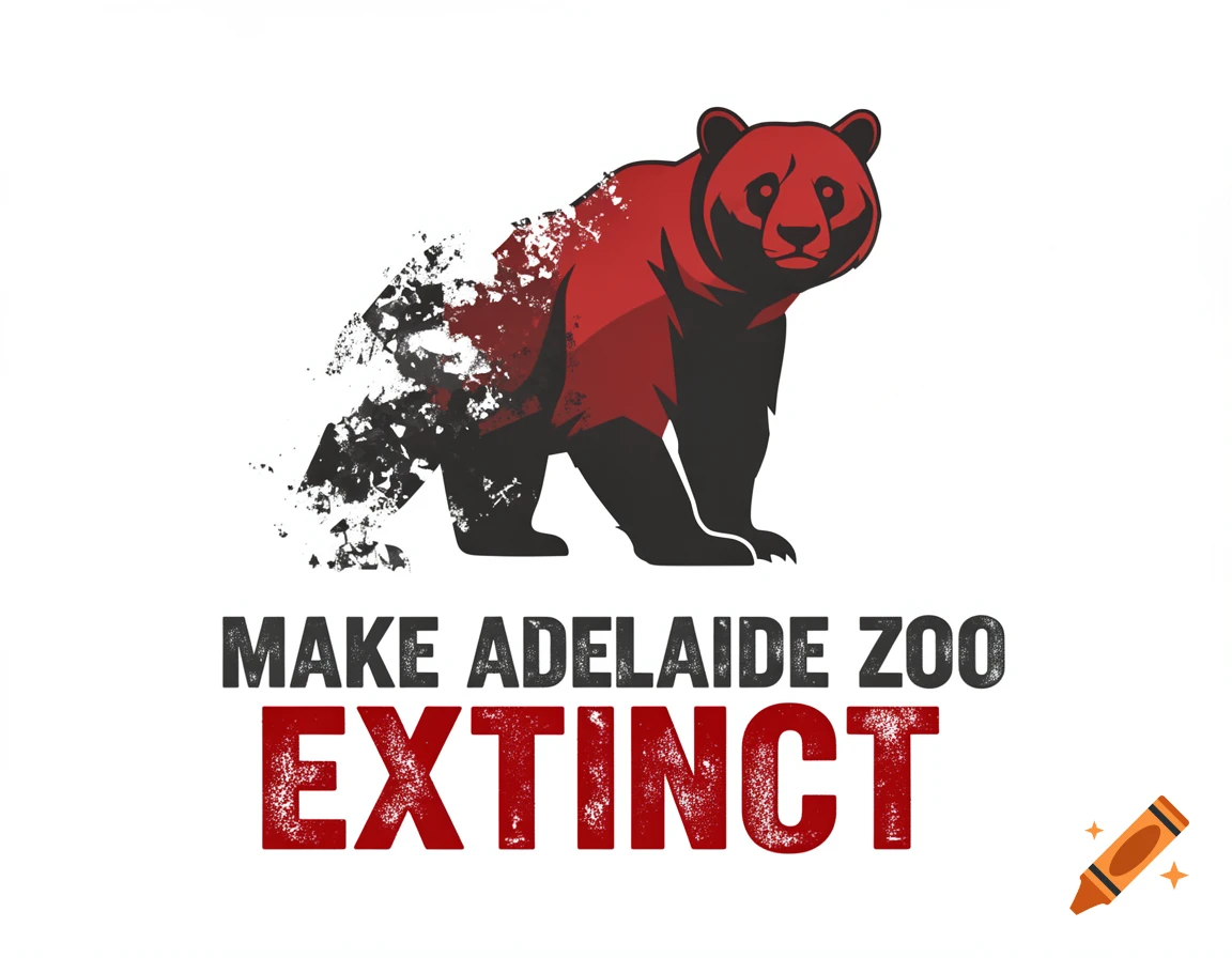 A red and black stylized bear, partially dissolving into particles, with the text 'MAKE ADELAIDE ZOO EXTINCT' below it on a white background.