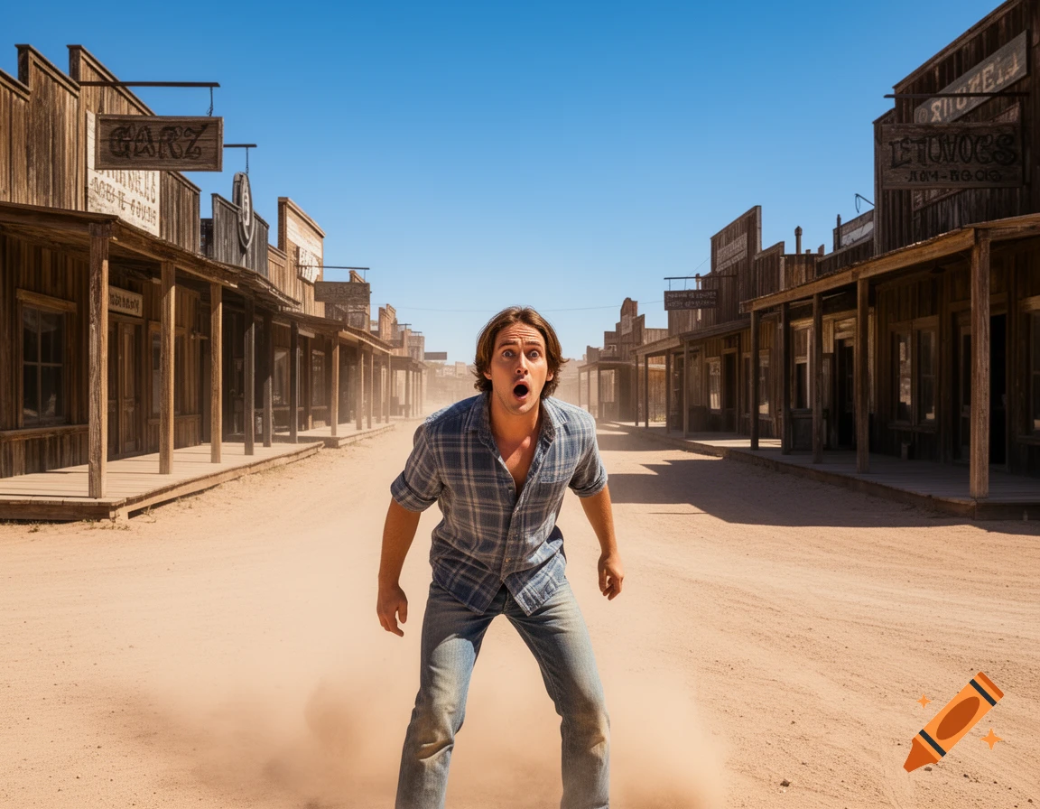 A man with a shocked expression stands in the dusty main street of an old Western desert town with wooden buildings.