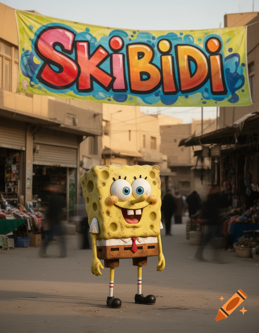 Photorealistic Spongebob Squarepants stands in a busy street market under a colorful 'SkiBiDi' banner.