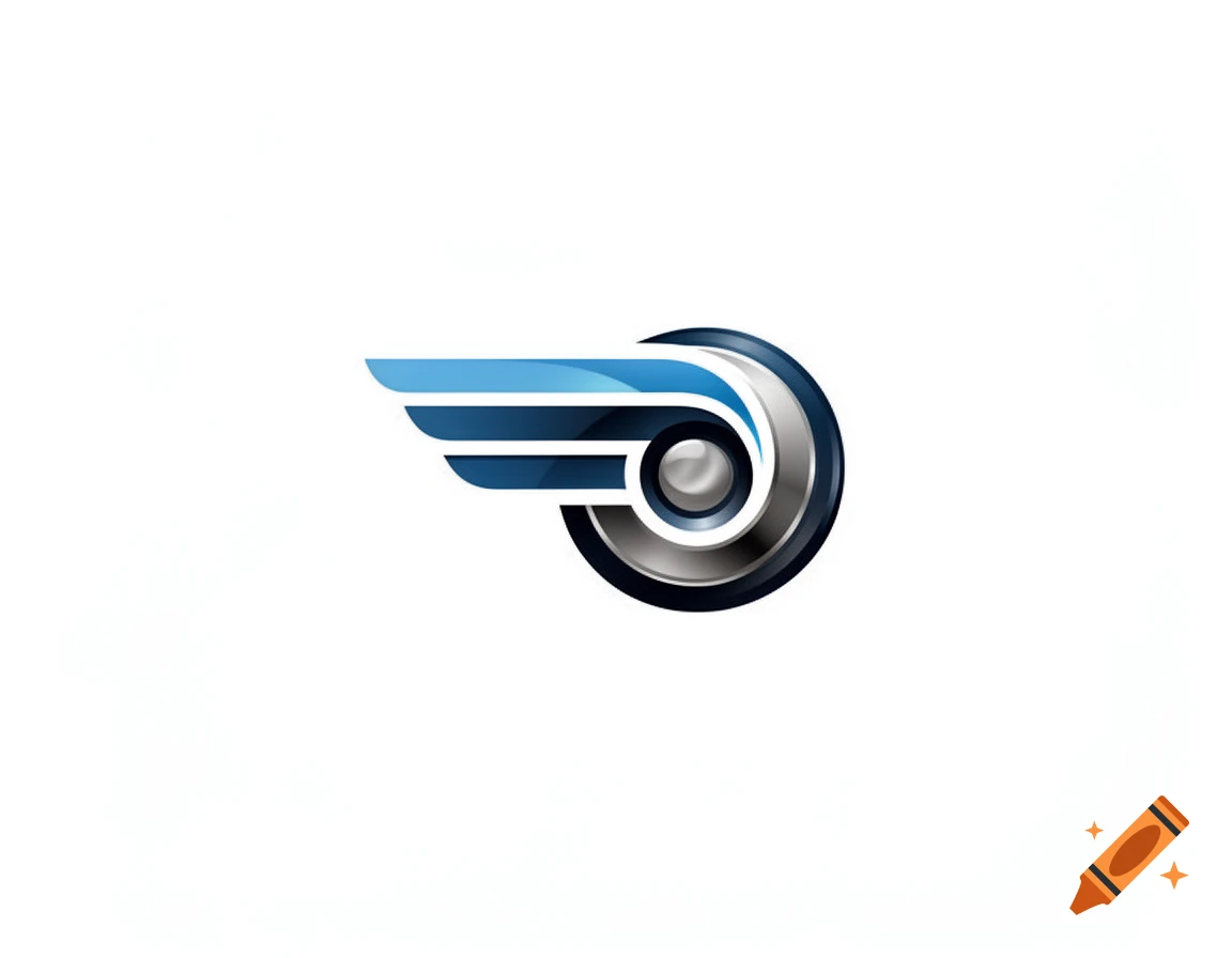Stylized logo featuring blue and silver wing-like shapes extending from a metallic circular element on a white background.