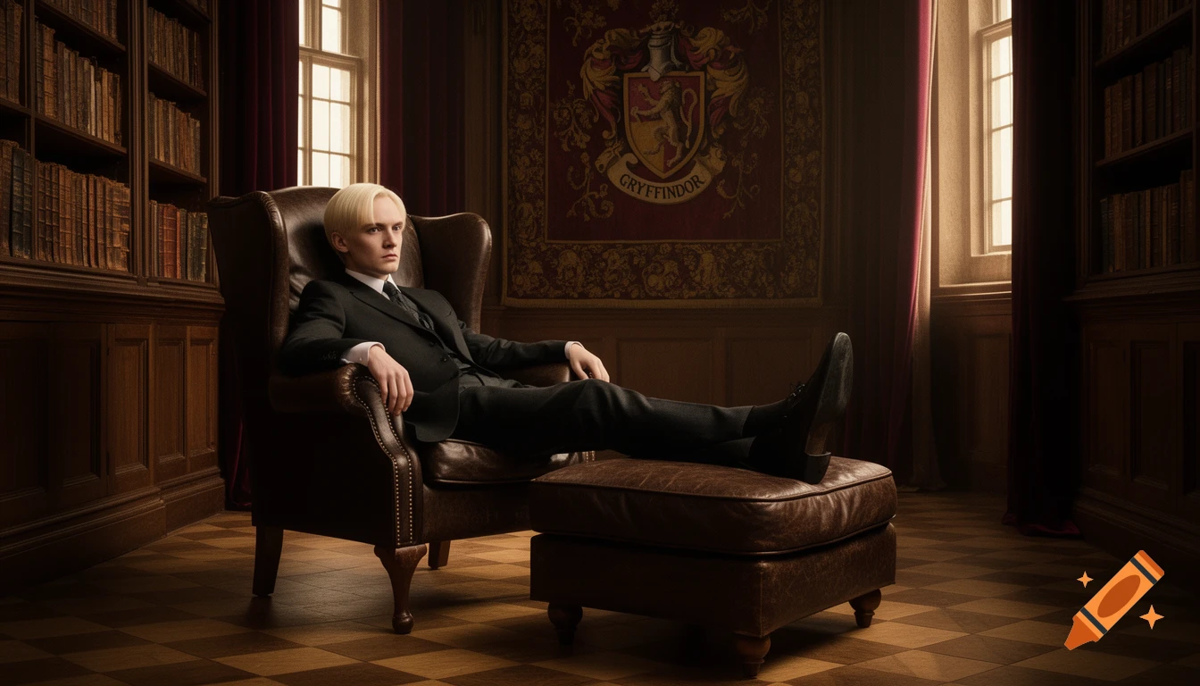 Photorealistic portrait of Draco Malfoy in a dark suit, lounging in a leather armchair with feet on a stool in a grand library with a Gryffindor tapestry.