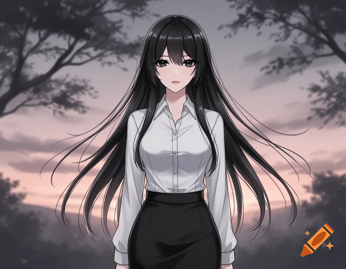 Anime girl with long black hair, white shirt, and black skirt standing outdoors with a sunset background.