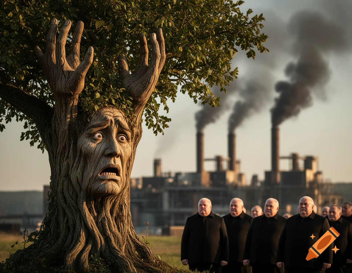 A photorealistic anthropomorphic tree with a scared face and raised hands reacts to smoking factories and men in black.