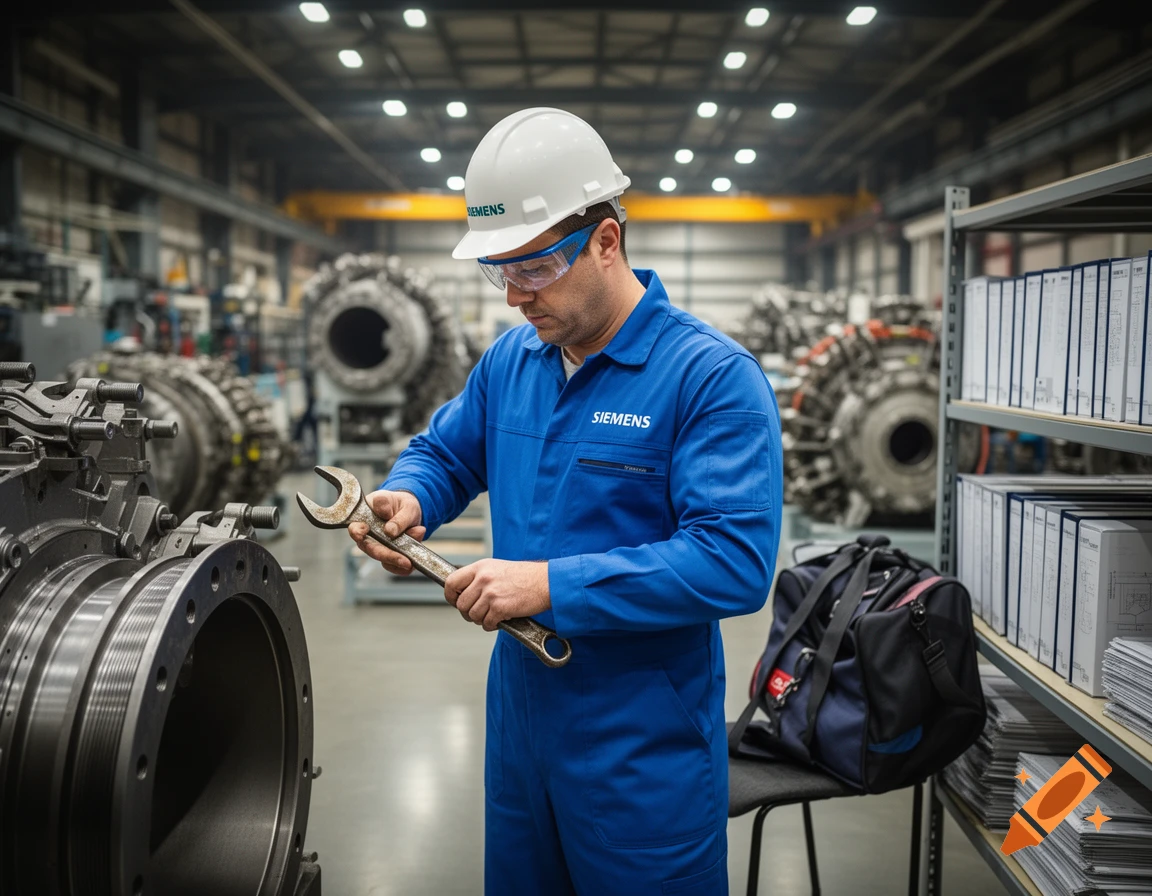 A millwright in a blue uniform and hard hat works on a large gas turbine engine in a factory setting, holding a wrench.