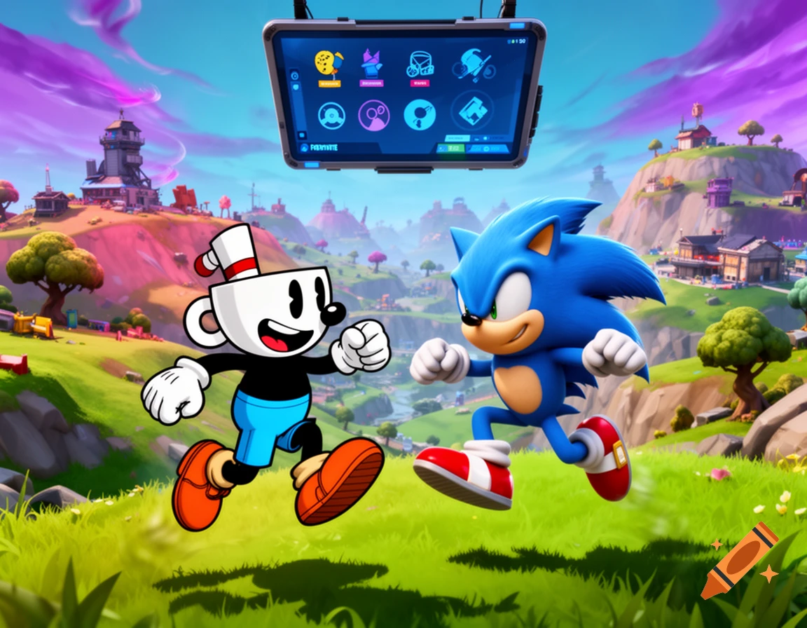 Cuphead and Sonic the Hedgehog run through a colorful Fortnite landscape under a screen with game icons.