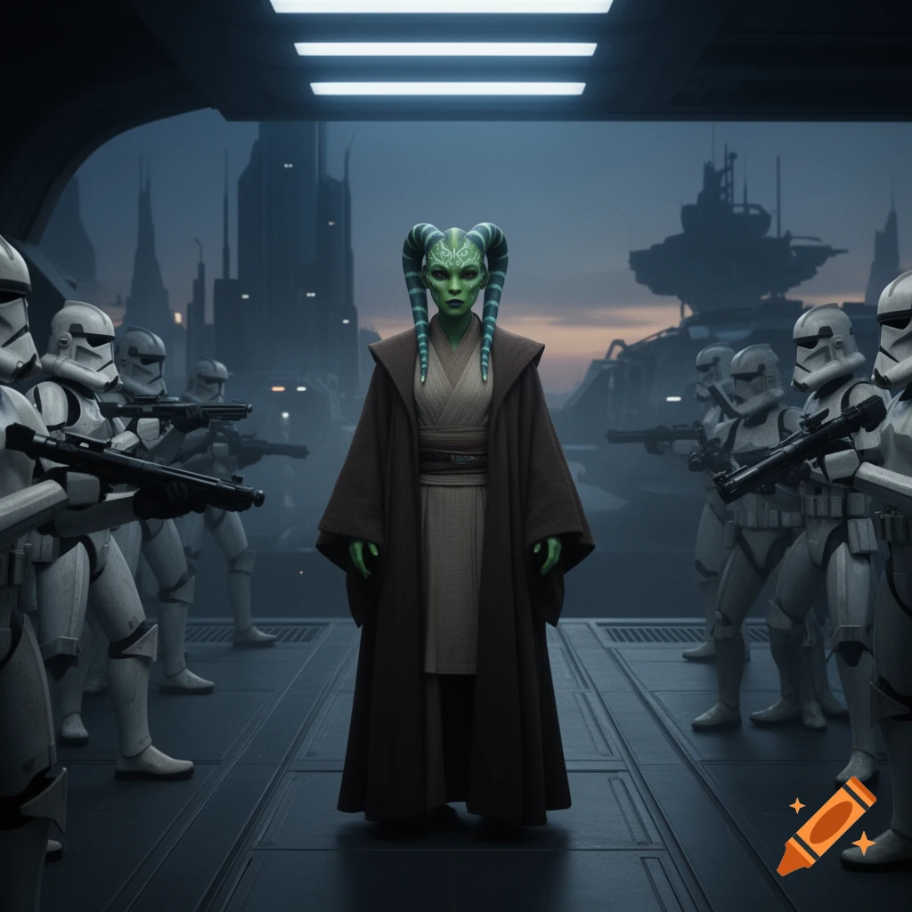A green-skinned Jedi-like alien in a brown robe stands surrounded by white Stormtroopers with blasters in a futuristic hangar.
