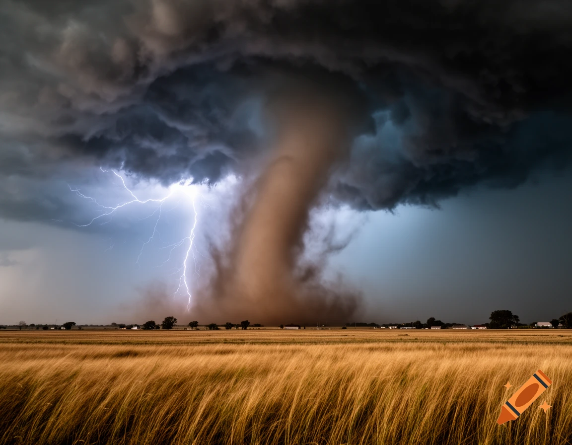 A powerful tornado and lightning strike over a vast golden field under dark, stormy clouds.