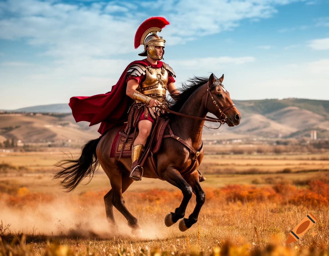 A Roman centurion in golden armor and a red cape rides a brown horse through a dusty, golden field under a blue sky.