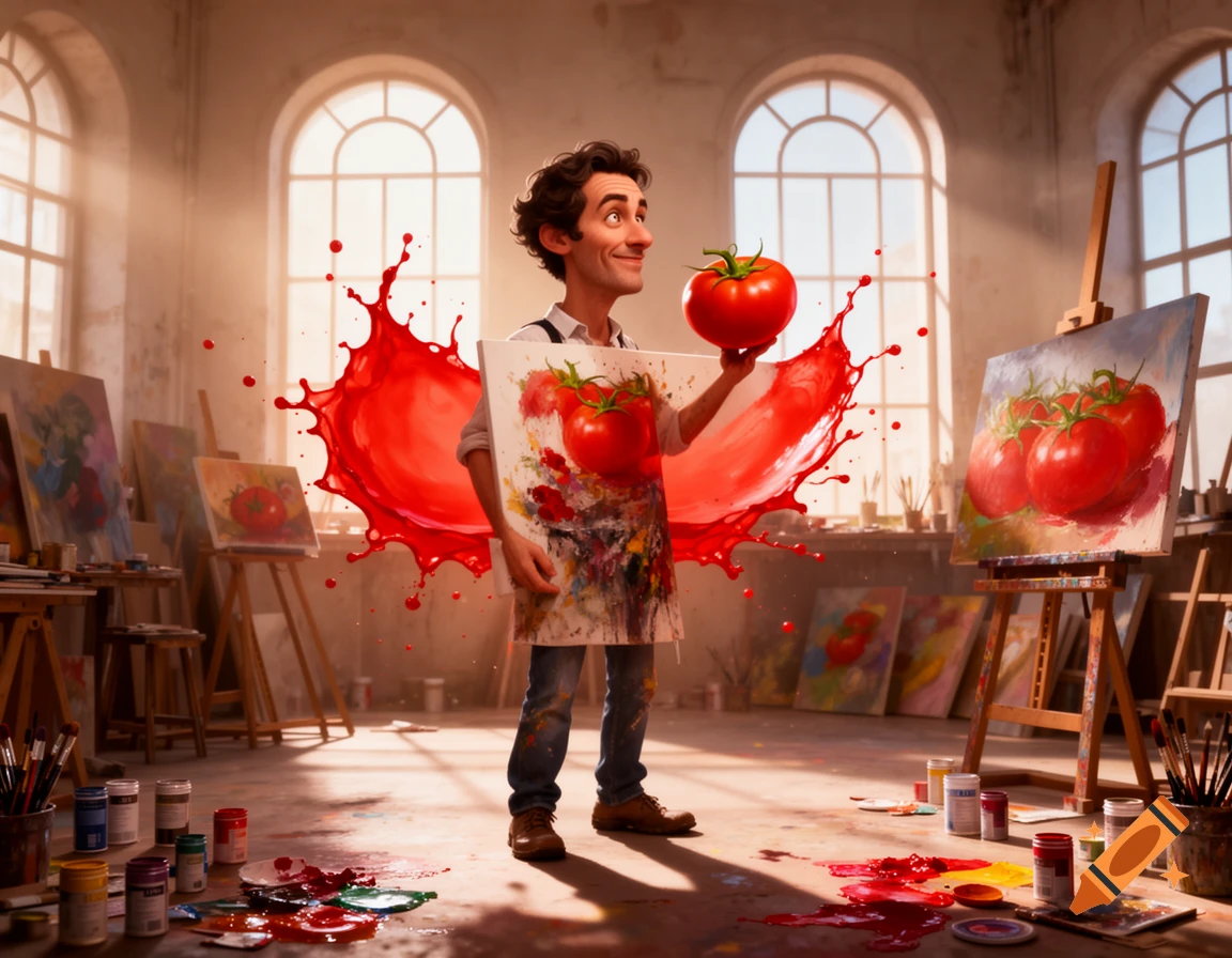 A cartoonish male artist holds a giant tomato in a bright art studio with paint splatters and tomato paintings.