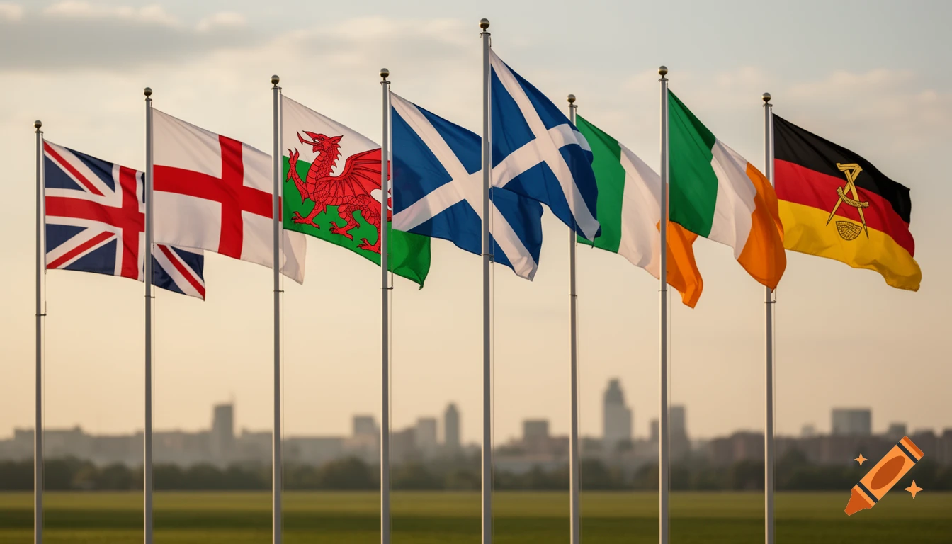 A row of flags including Union Jack, England, Wales, Scotland, Ireland, and East Germany, wave against a sunset sky and city skyline.