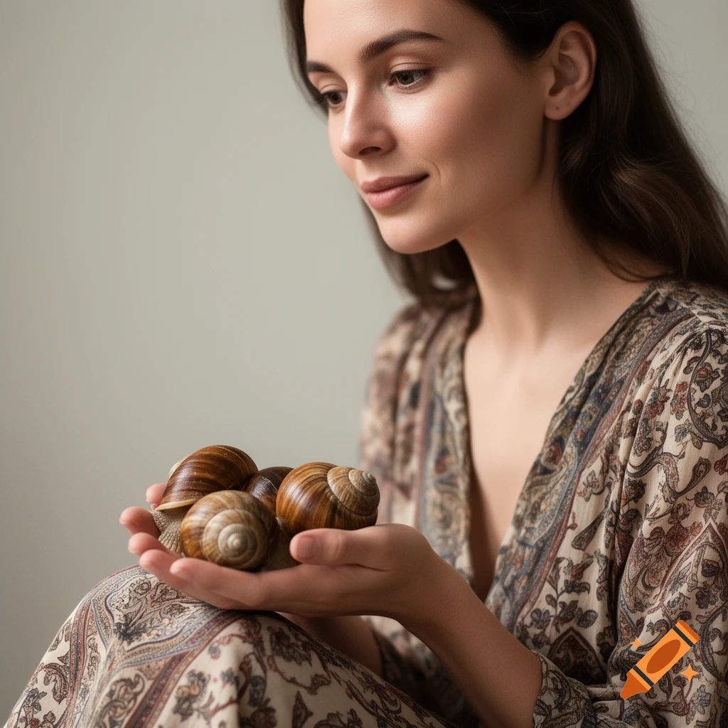 Photorealistic portrait of a woman holding three large snails in her hands.