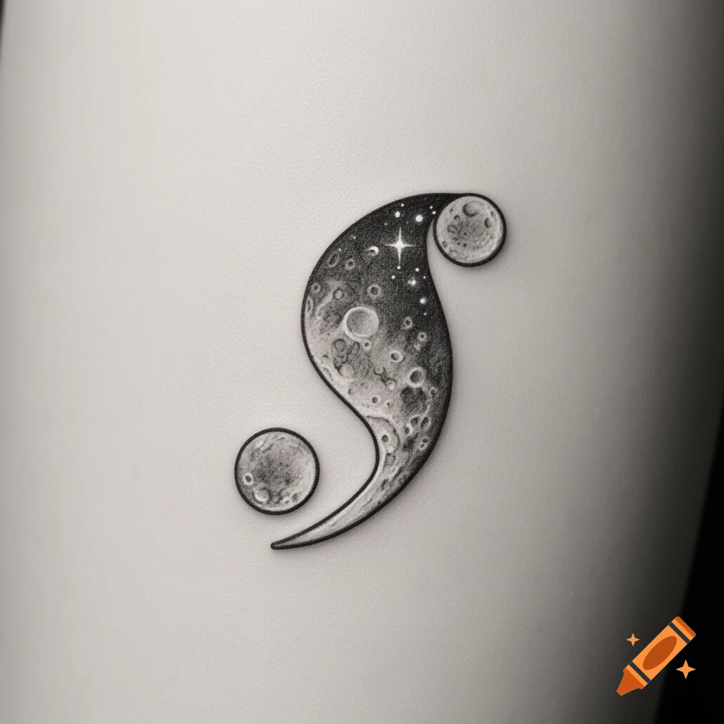 Detailed sketch of a semicolon tattoo design filled with moon surface textures and stars, on a white background.