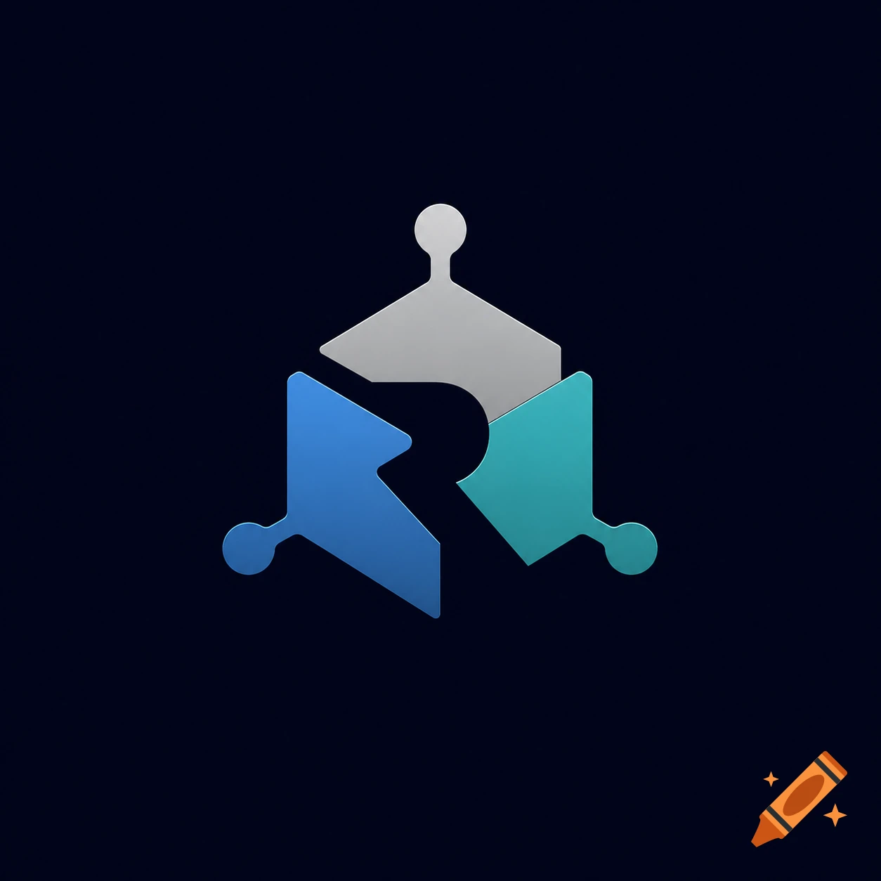 A minimalist, abstract logo featuring three interconnected geometric shapes in blue, teal, and gray, forming a hidden 'R' in negative space, on a dark blue background.