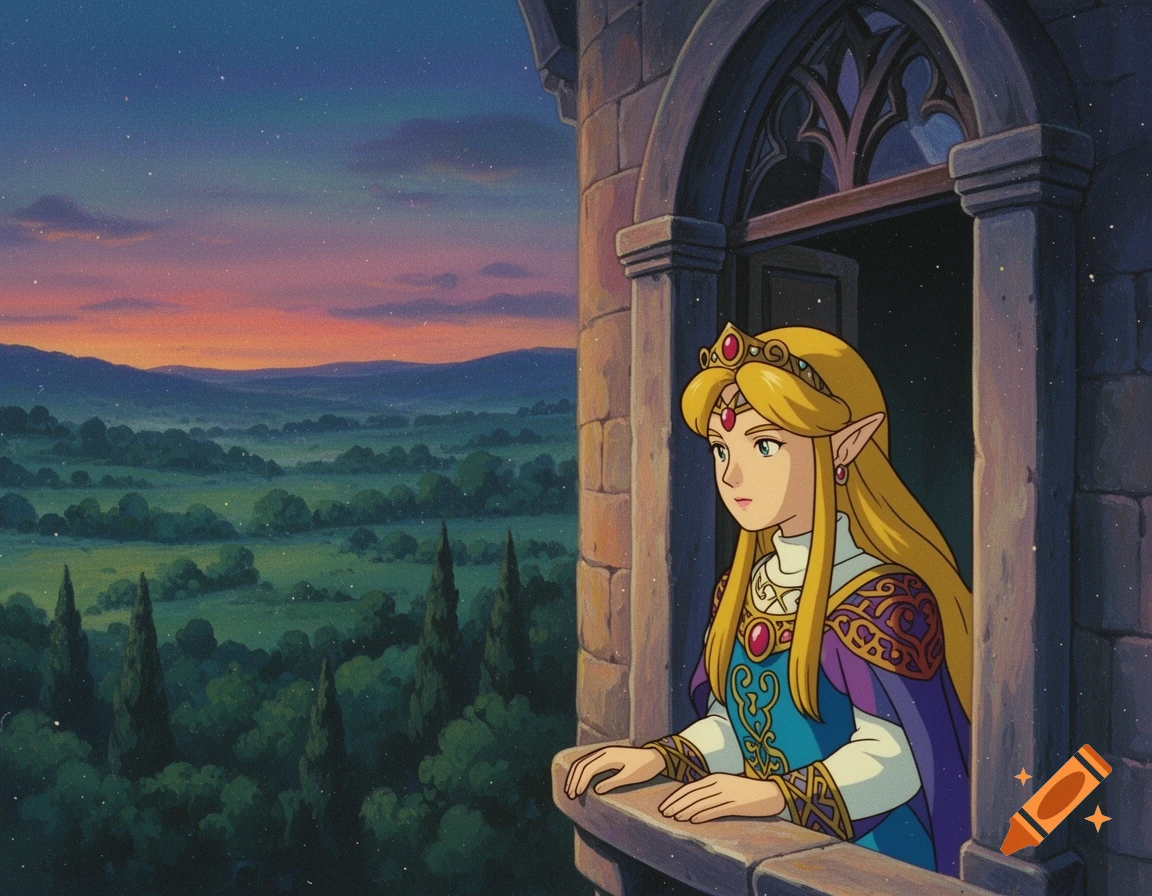 Princess Zelda, an anime character, looks out from a castle window at a vast green landscape under a sunset sky in Studio Ghibli style.