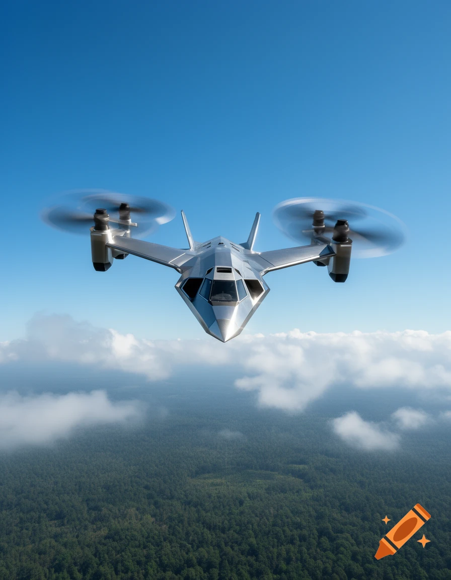 A futuristic silver VTOL aircraft with tilting rotors flying above a lush green forest under a clear blue sky.