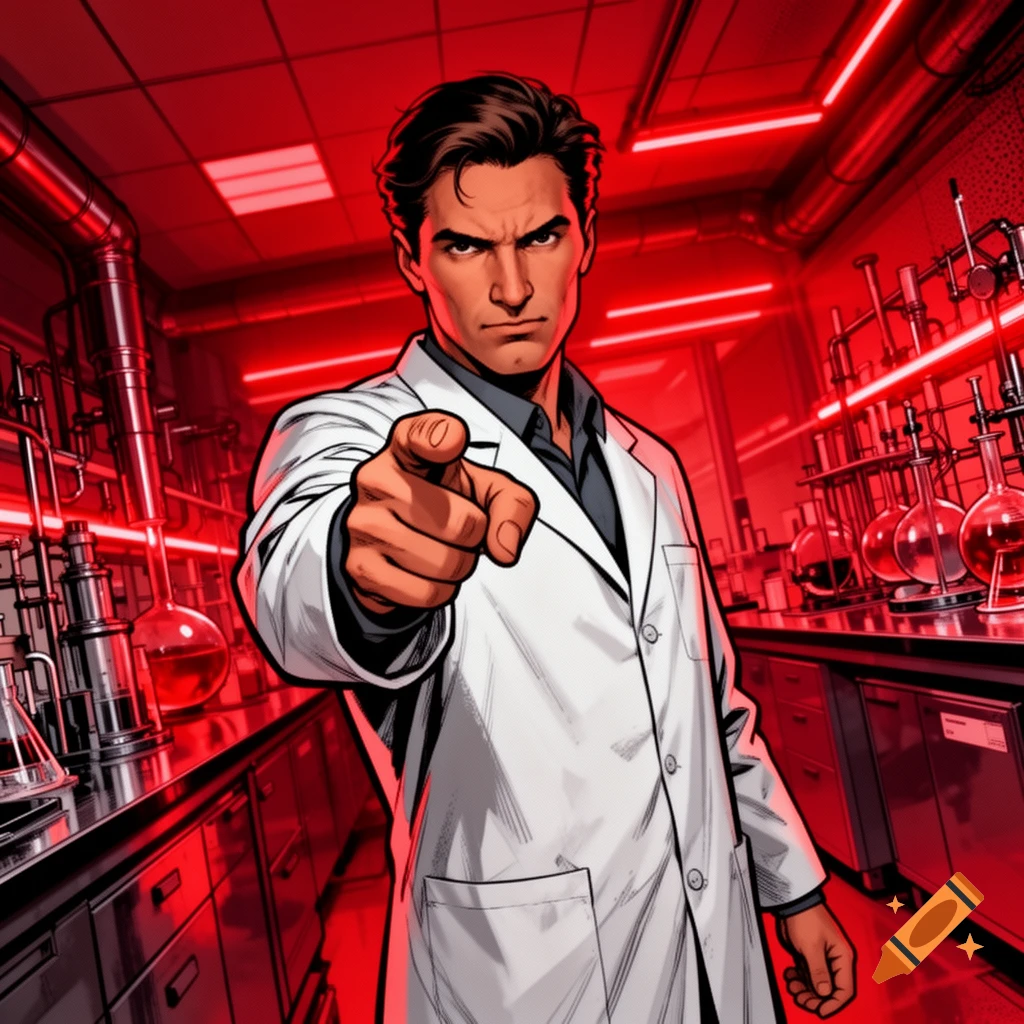 A stern man in a white lab coat points at the viewer in a red-lit comic book style science lab.