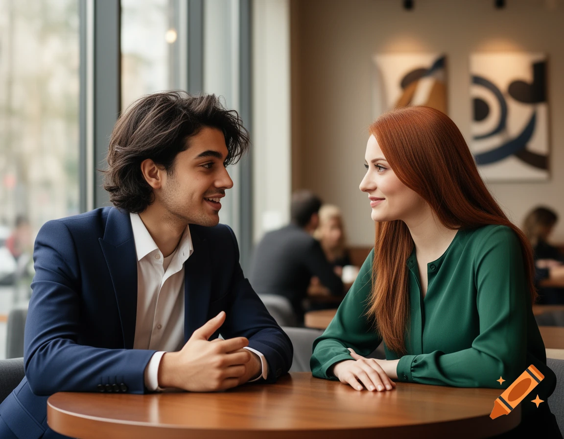 A man and woman sit at a cafe table, looking at each other and smiling, appearing to be in conversation.