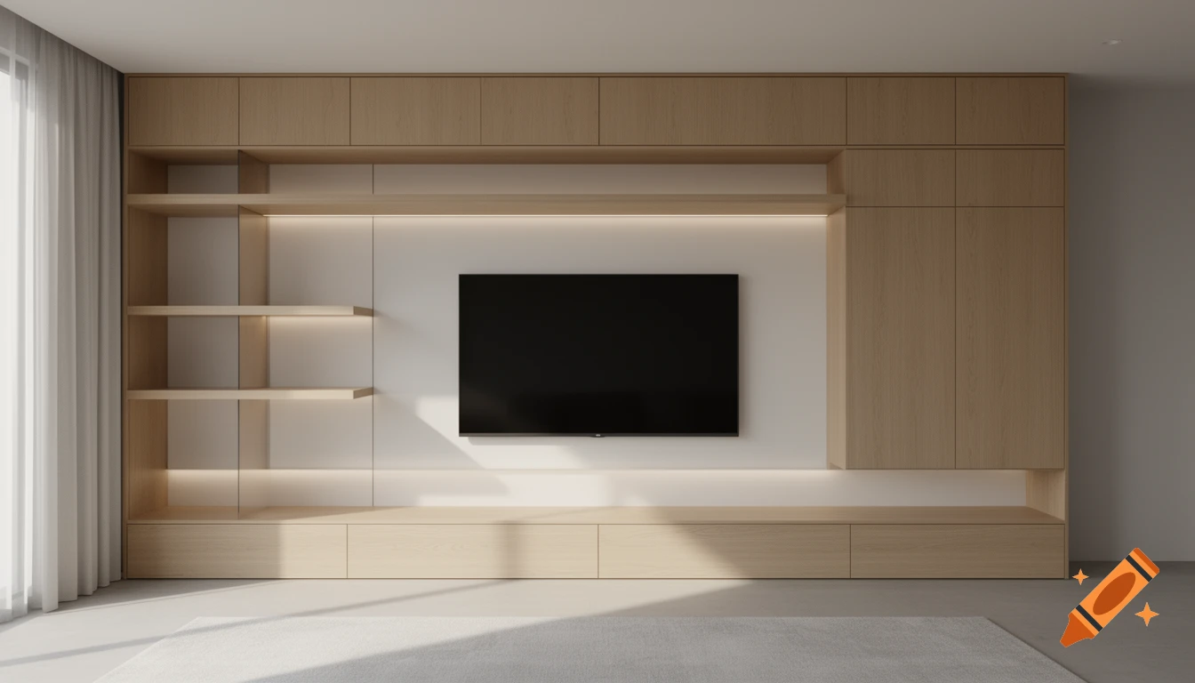 A modern living room features a light wood TV wall unit with a black screen, open shelves, cabinets, and a sheer curtain.