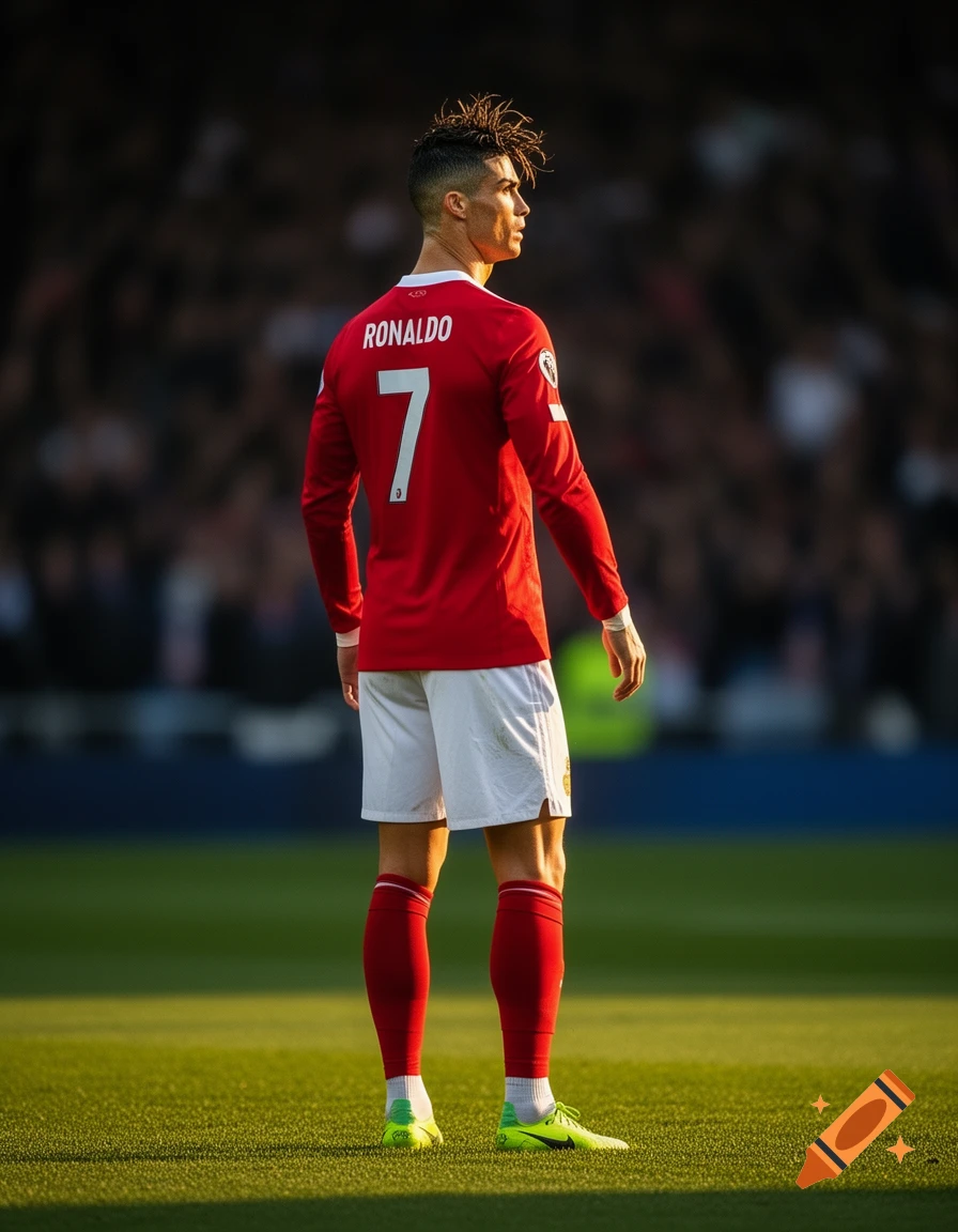 Photorealistic image of Cristiano Ronaldo from behind on a soccer field, wearing a red jersey with 'RONALDO' and '7' on the back.