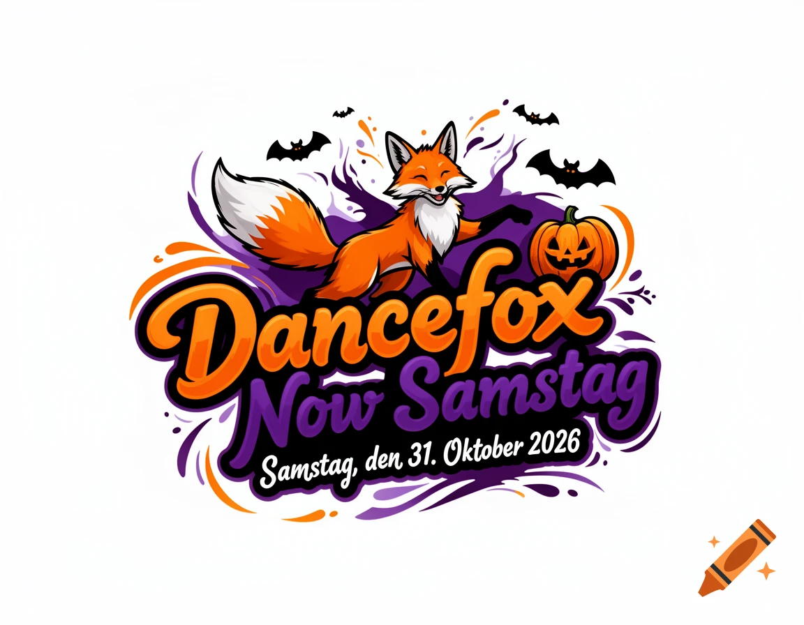 Cartoon fox logo with a jack-o'-lantern, bats, and splash elements, featuring the text "Dancefox Now Samstag, den 31. Oktober 2026".
