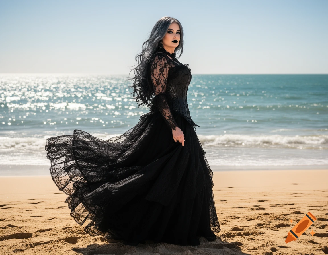 A woman with long dark hair and dark gothic makeup in a black lace dress stands on a sandy beach with the ocean in the background.