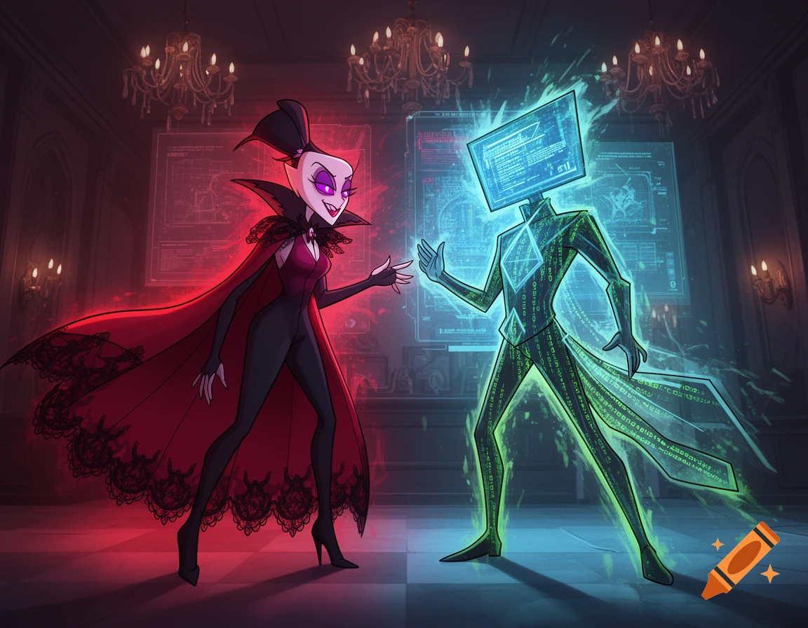 A stylized vampire-like woman with a large red cape faces a green glowing monitor-headed figure in a grand, dimly lit room with chandeliers.