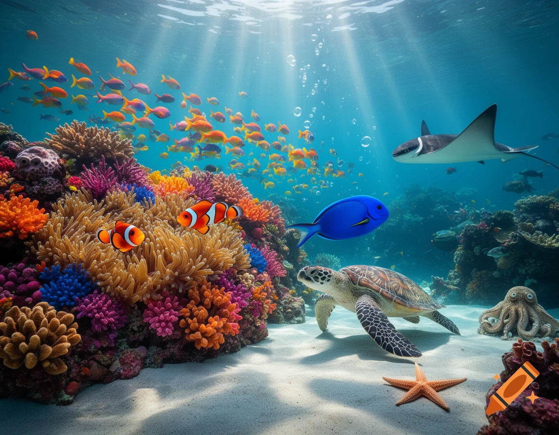 Photorealistic underwater scene with clownfish, blue tang, sea turtle, stingray, and colorful coral reef with sun rays.