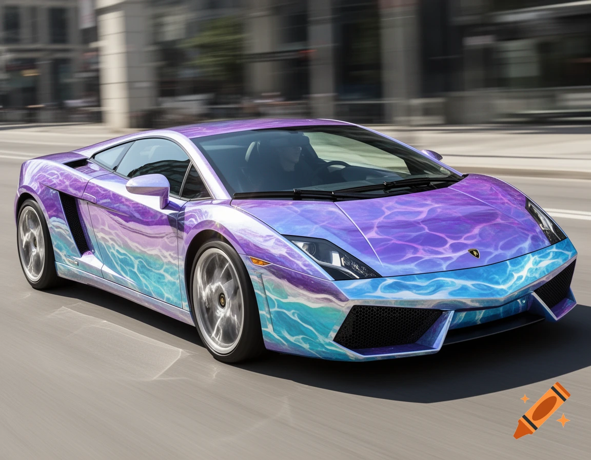 A purple and blue Lamborghini Gallardo sports car with a wavy, water-like pattern on its body, driving on a blurred street.