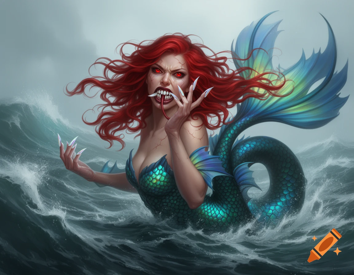 An aggressive, red-haired siren with glowing red eyes, sharp teeth, and long claws emerges from stormy dark waves in a fantasy art style.