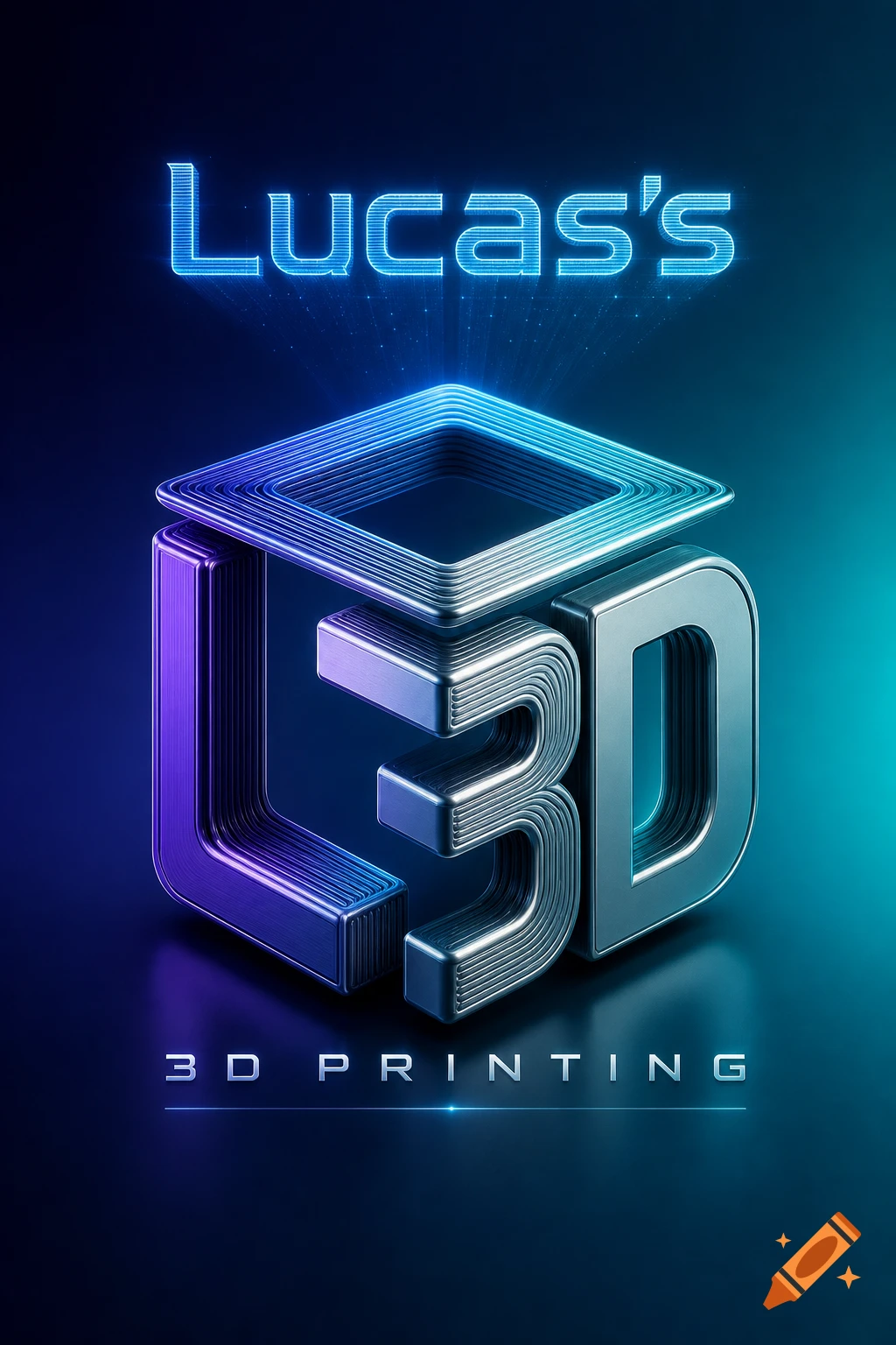 A neon blue and purple 3D logo featuring the text "Lucas's" and "3D PRINTING", with a stylized "L3D" icon.
