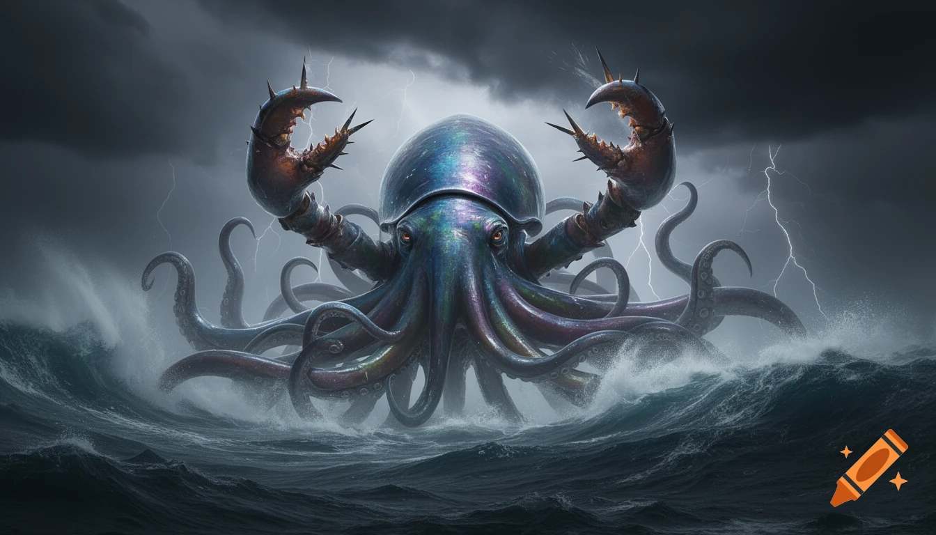 A large, multi-eyed, iridescent squid-like leviathan with spiked crab pincers rises from a stormy, dark ocean with lightning.
