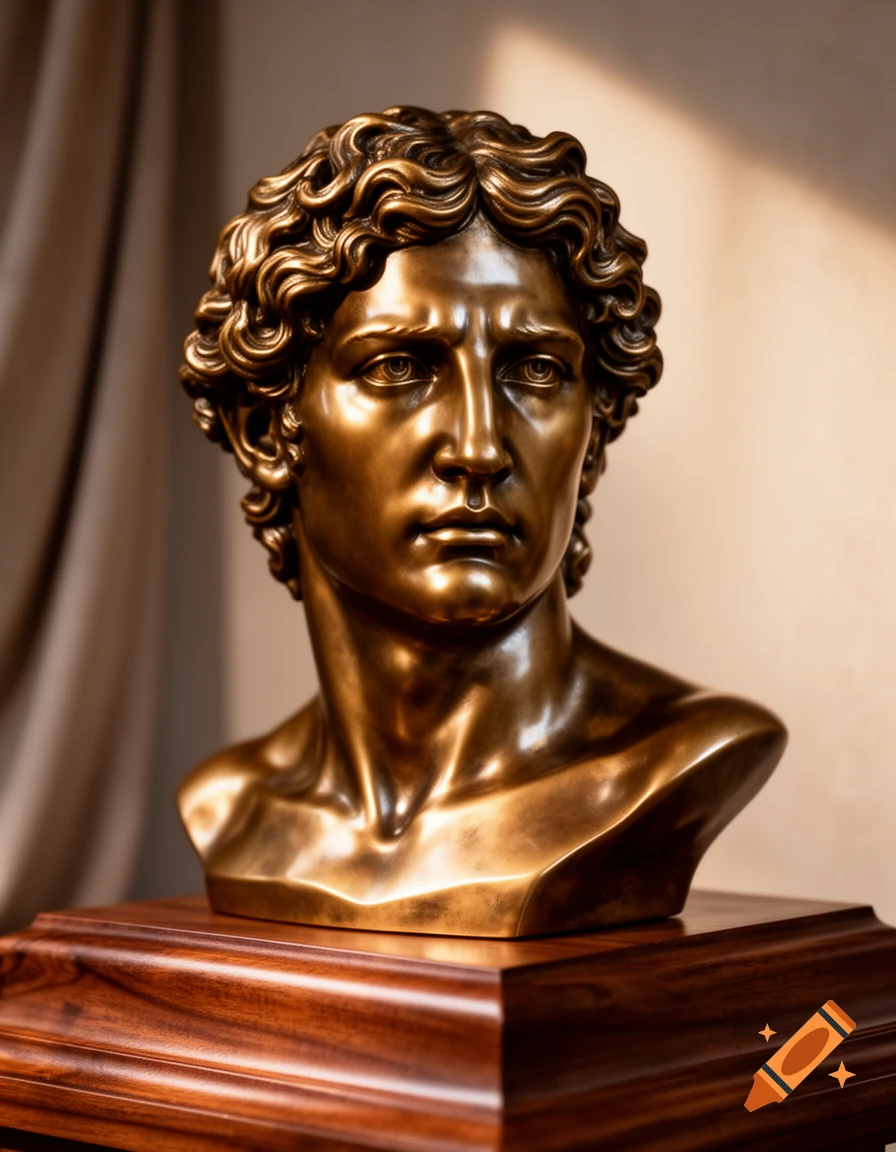 A detailed bronze bust of a classical male figure, resembling Ulysses, on a polished wooden base.