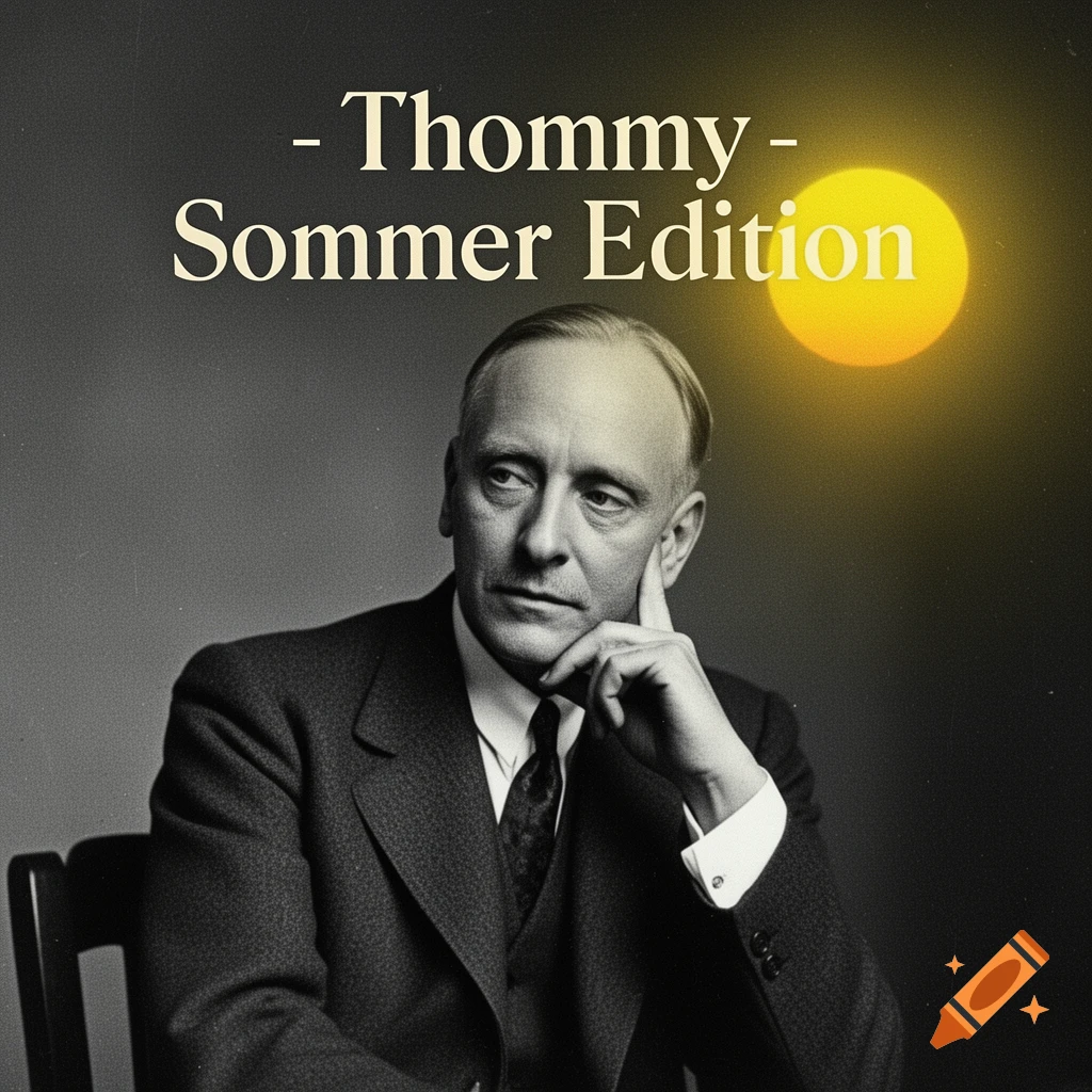 A vintage-style podcast cover featuring a black and white portrait of a thoughtful man in a suit, with a bright yellow sun.