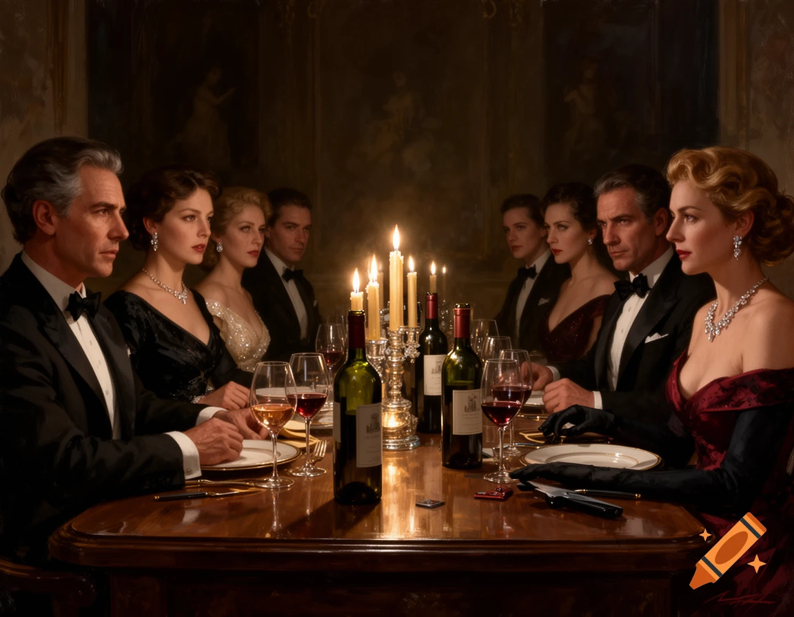 A group of well-dressed people in formal wear seated around a candlelit dining table with wine, in a mysterious, dimly lit setting.