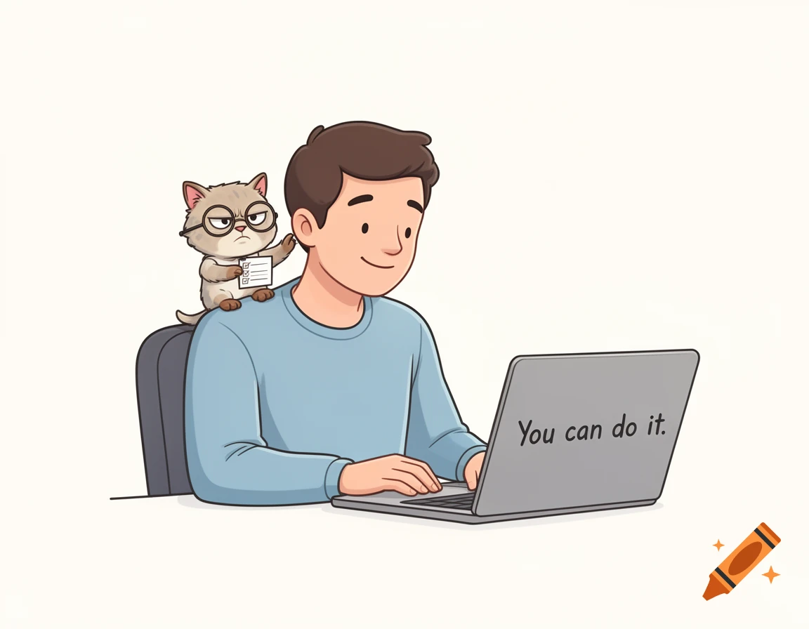 A cartoon man smiles at his laptop, which displays "You can do it.", while a grumpy cat with glasses sits on his shoulder.