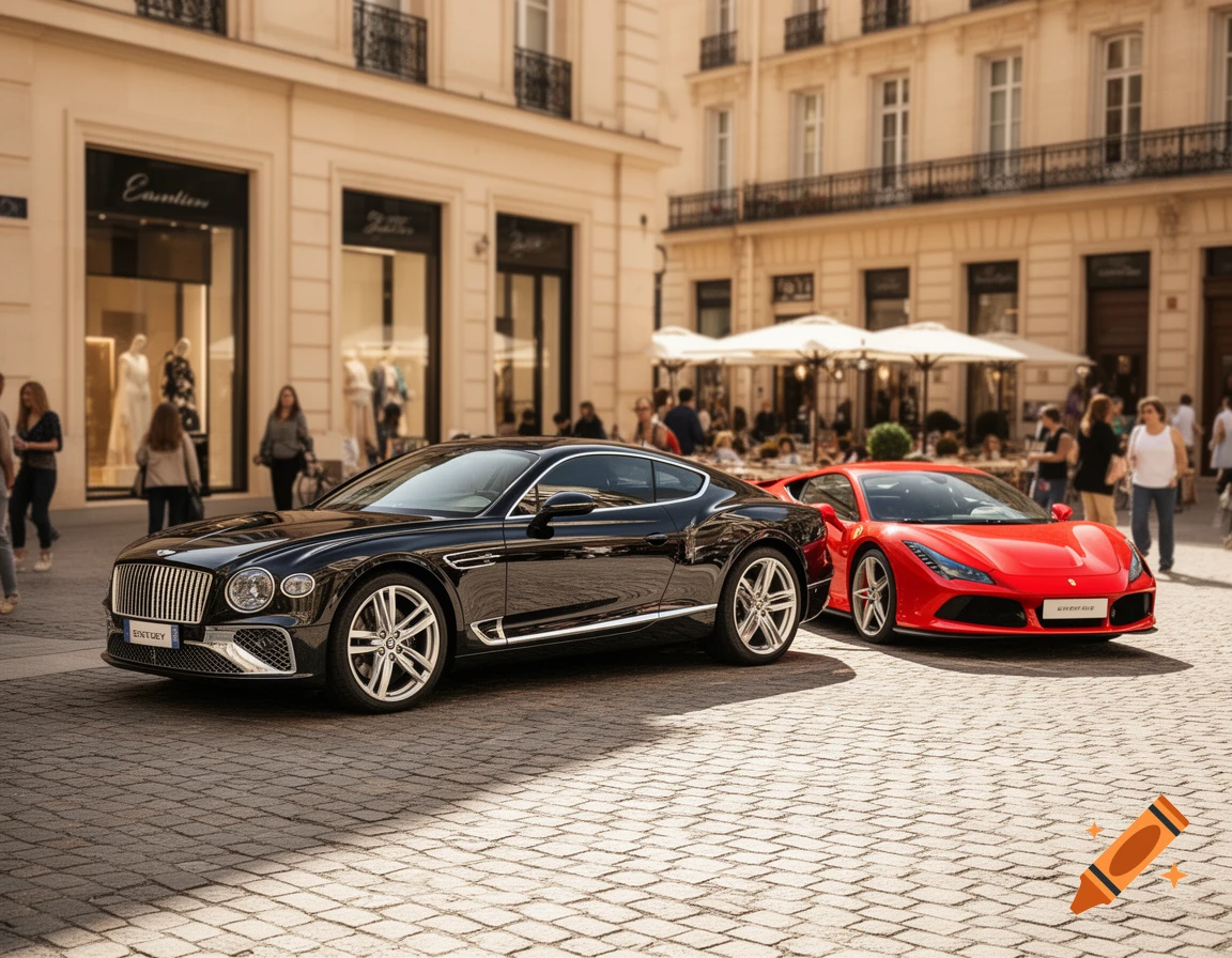 Two luxury cars, a black Bentley and a red Ferrari, parked on a cobblestone street in a European city, with people and shops in the background.