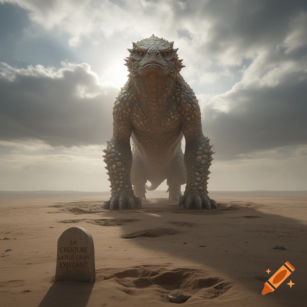 A massive, scaled reptilian creature with spikes stands in a vast, desolate desert under a cloudy sky, with a stone tablet reading "LA CREATURE LA PLUS GRAN EXISTANT" in the foreground.