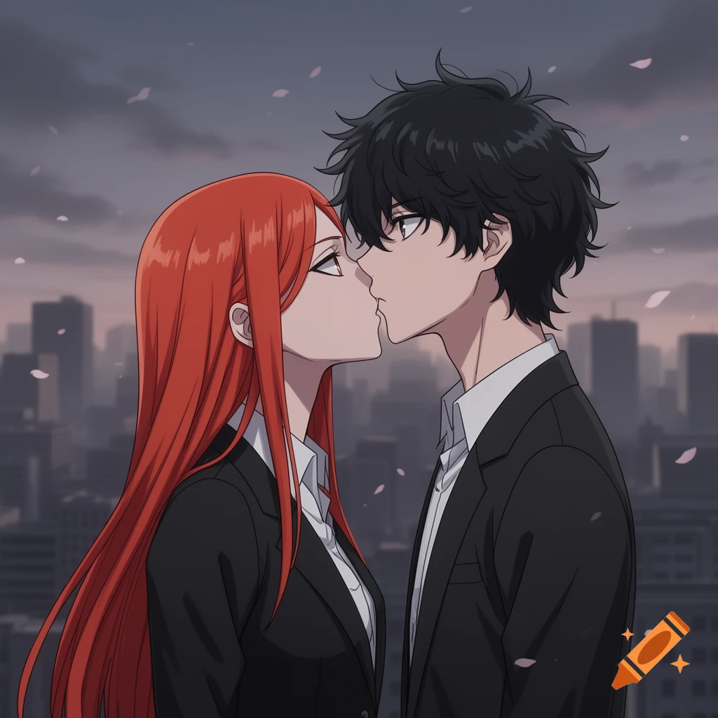 Anime couple with red-haired woman and dark-haired man about to kiss, with a city skyline in the background.