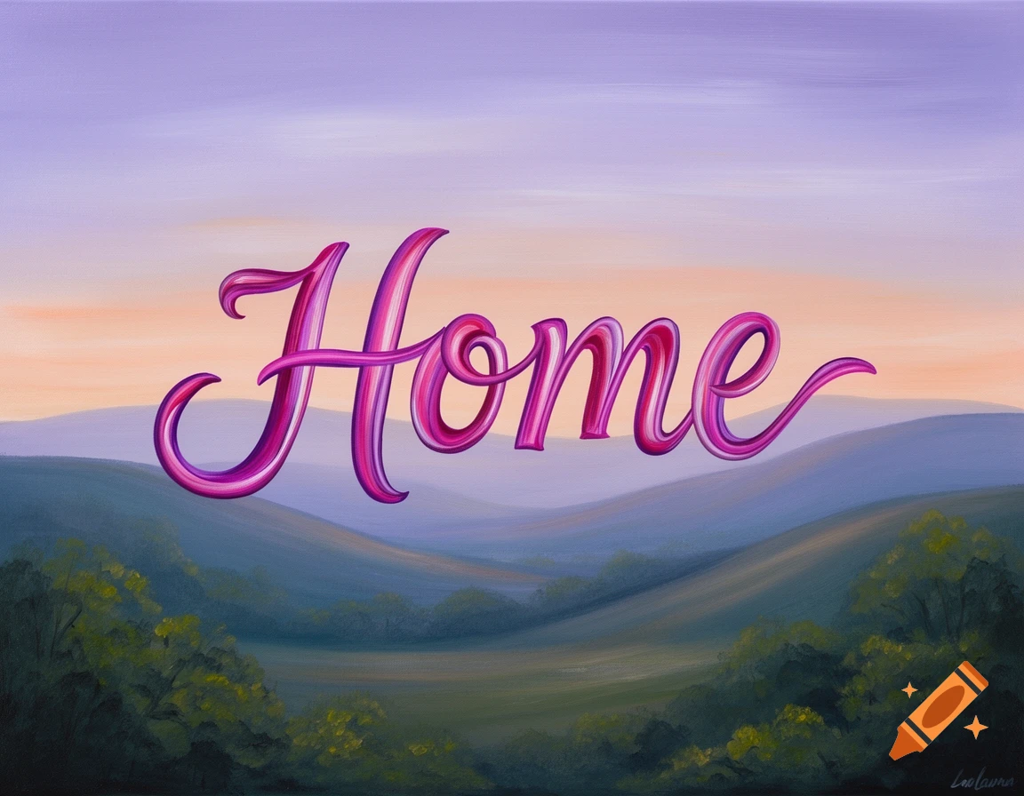 Acrylic painting of the word "Home" in pink, stylized script, set against a serene landscape of rolling hills and a colorful sunset sky.