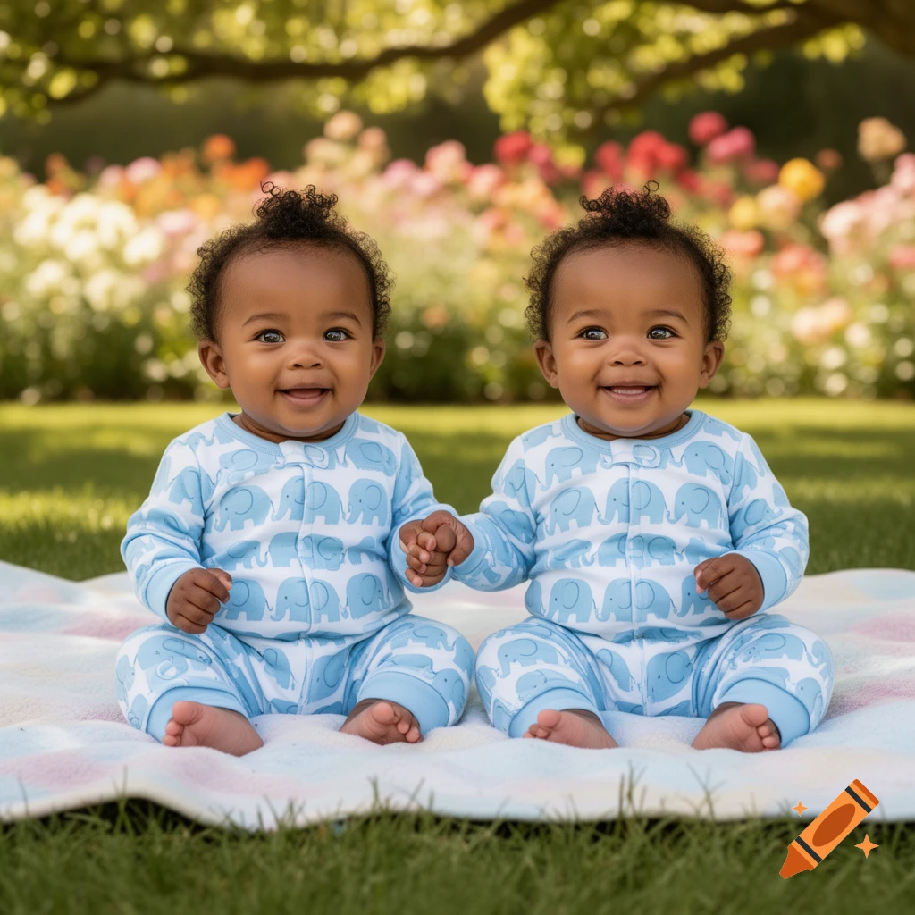 Two happy African American twin baby boys in blue elephant print rompers sit on a blanket in a sunny garden.